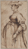 A 053a
<br/>
Staande vrouw, in profiel naar links met hoed
<br/>
<em>Valesio, Giovanni Luigi (ca. 1583-ca. 1650)</em>